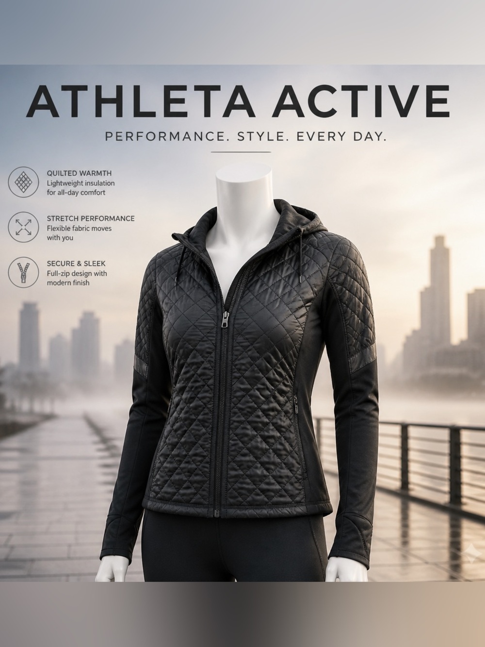 Athleta Quilted Black Hooded Performance zip up Jacket sz Small